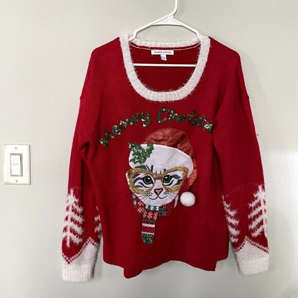 Celebrate Together Meowy Christmas cat design red white knit sweater size L - Picture 1 of 7
